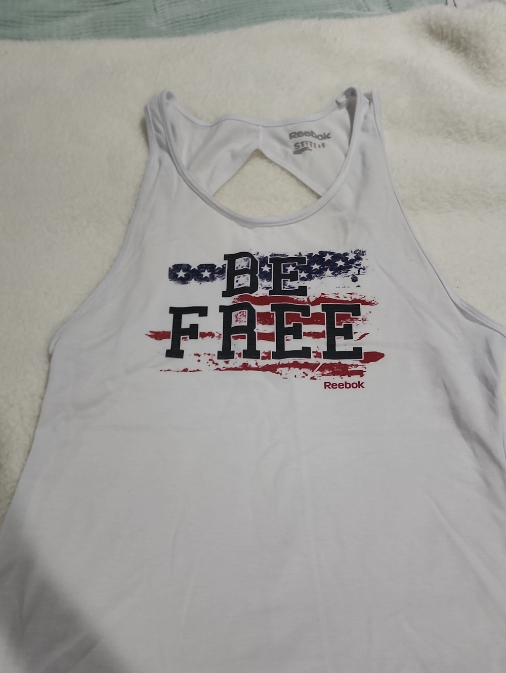 Reebok White Tank Top with Red and Blue 'Be Free' Graphic